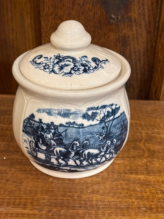 SMALL BLUE AND WHITE HOMESTEAD HORSE DRAWN CART TEA JAR