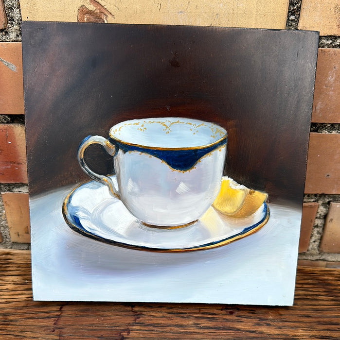 SMALL OIL PAINTING OF CUP WITH LEMONS BY JANICE WOOD