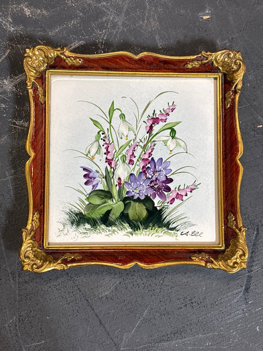SET OF 4 ORNATE GILT FRAMED FLORAL PAINTED WALL HANGING TILES - SIGNED