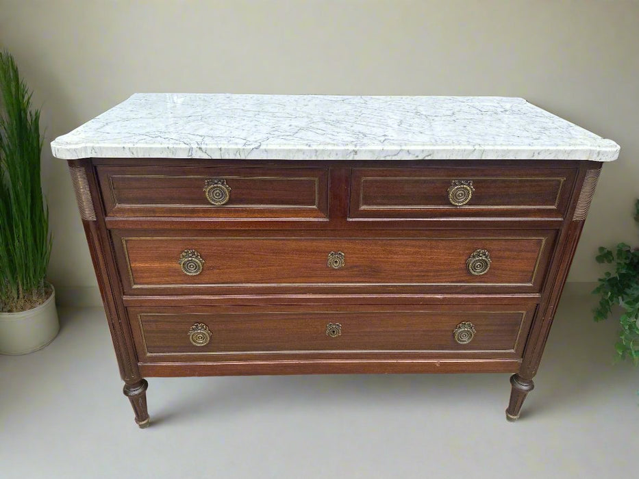 MAHOGANY 4 DRAWER LOUIS XVI WHITE MARBE TOP CHEST