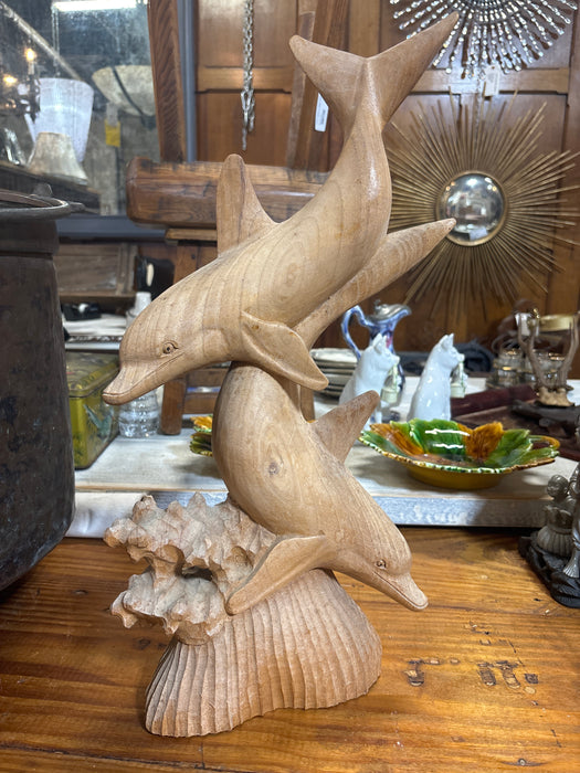 HAND CARVED WOOD DOLPHINS STATUE