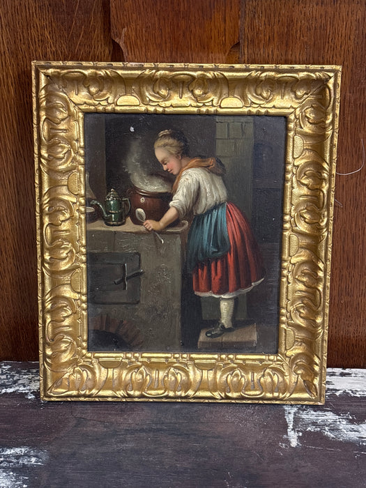 SMALL 19TH CENTURY GOLD FRAMED OIL PAINTING ON TIN OF LADY COOKING