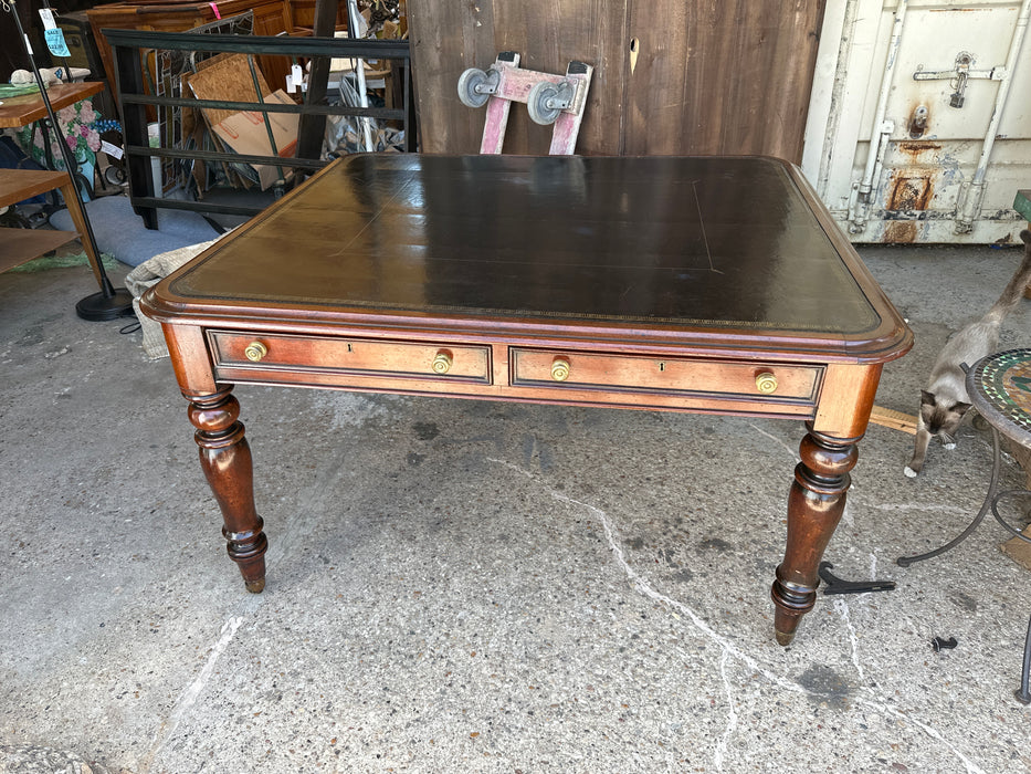 ENGLISH MAHOGANY WITH BLACK LEATHER TOP LIBRARY TABLE