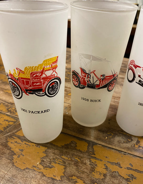 SET OF 5 FROSTED COLLINS GLASSES WITH ANTIQUE CARS