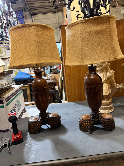 PAIR OF FLORAL CARVED ENGLISH OAK LAMPS WITH BURLAP SHADES