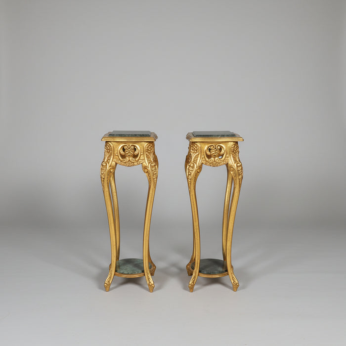 PAIR OF GILT DISTRESSED GREEN MARBLE PEDESTALS