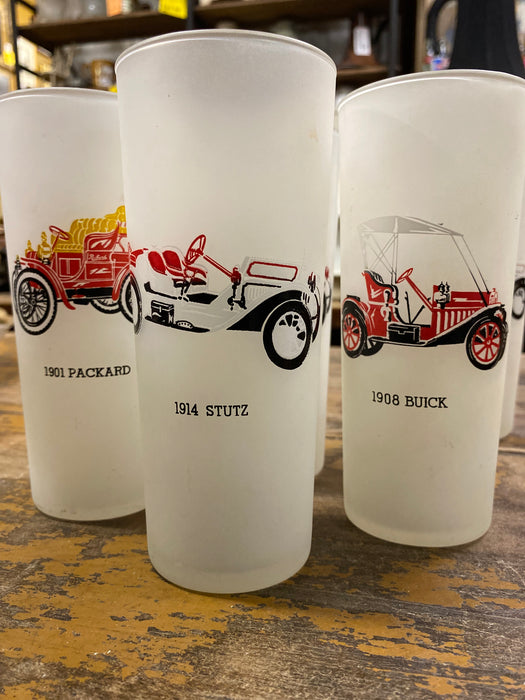 SET OF 5 FROSTED COLLINS GLASSES WITH ANTIQUE CARS