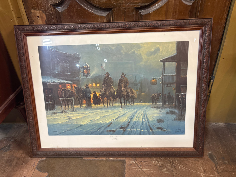 FOLIATE FRAMED COLORED PRINT OF “INDEPENDENT TEXANS” - SIGNED G. HARVEY - AS FOUND