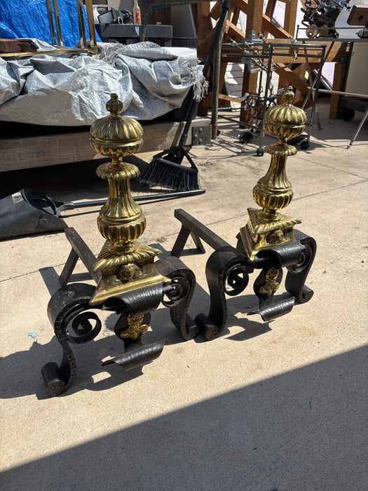HEAVY SHORT BRASS AND IRON ANDIRONS