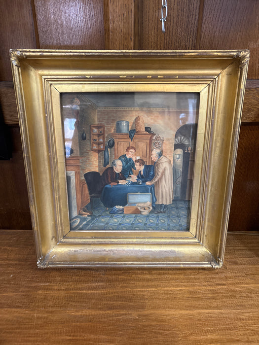 GILT FRAMED INTERIOR SCENE WITH BILL COLLECTER