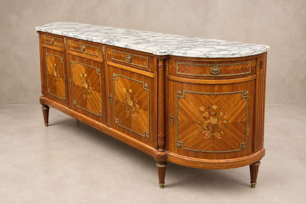 LOUIS XVI WHITE MARBLE TOP SIDEBOARD WITH 4 DRAWER, 4 FLORAL INLAID DOORS AND RING PULLS
