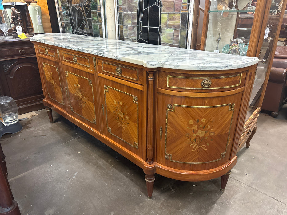 LOUIS XVI WHITE MARBLE TOP SIDEBOARD WITH 4 DRAWER, 4 FLORAL INLAID DOORS AND RING PULLS