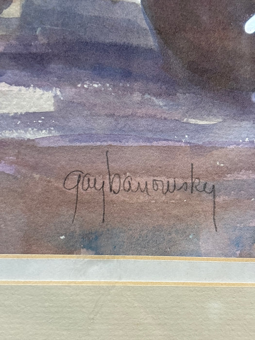 FRAMED WATERCOLOR OF WOMAN IN BLUE DRESS USING MORTAR AND PESTLE - SIGNED