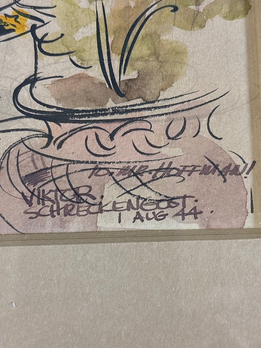 WATERCOLOR OF POLITICAL 1944 CARTOON "YOU SEE I COULDN'T BRING ANY OF THE BIG ONES" BY VIKTOR SCHRECKENGOST