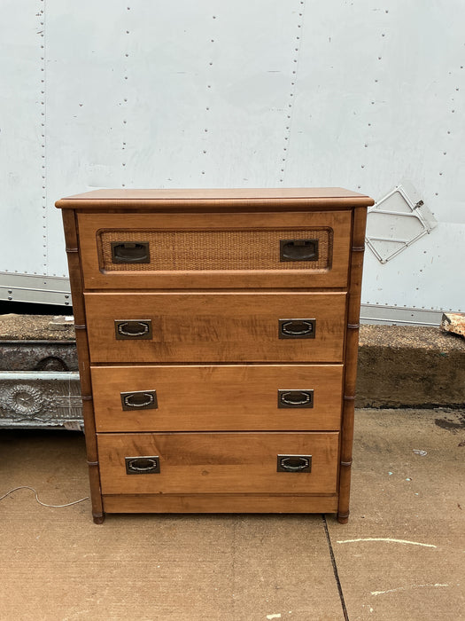 FAUX BAMBOO AND CANE 4 DRAWER MAPLE CHEST - AS FOUND MISSING HANDLES