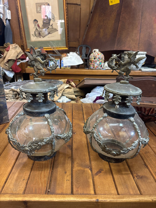 PAIR OF ANTIQUE BRASS CHERUB LANTERNS - AS FOUND