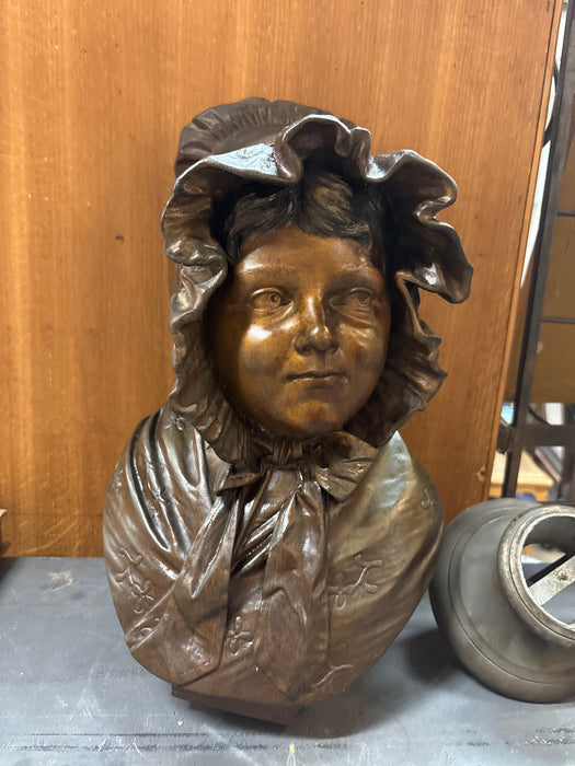 LARGE SPELTER LADY BUST WITH BONNET - AS FOUND