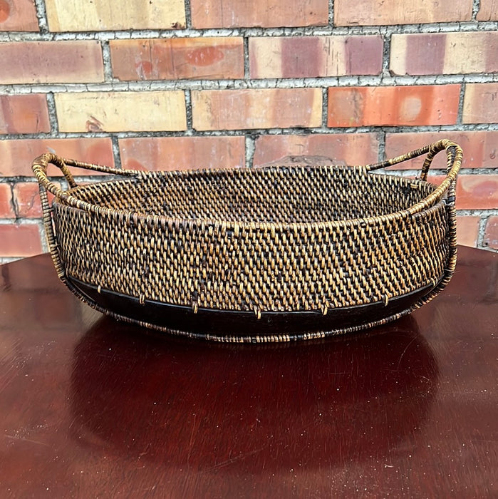 WOODEN AND WICKER BASKET BOWL WITH HANDLES