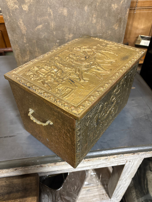 BRASS EMBOSSED COAL BOX OF PEOPLE IN PUB WITH HANDLES