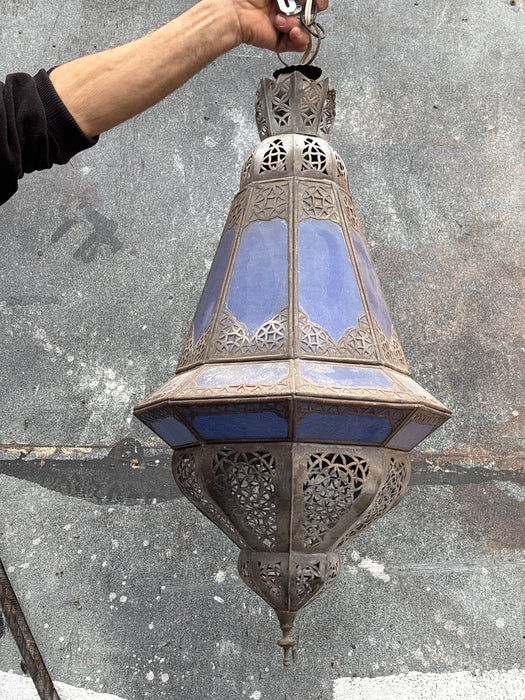 LARGE TIN LANTERN WITH BLUE GLASS