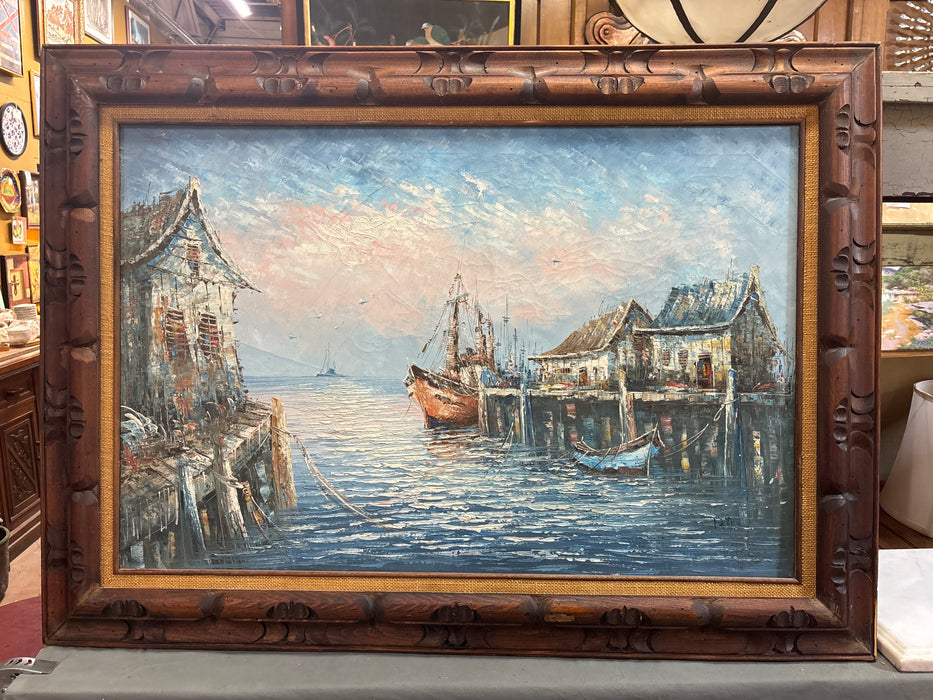 LARGE BROWN FRAMED BLUE AND PINK HARBOUR SCENE OIL PAINTING ON CANVAS - SIGNED PETER