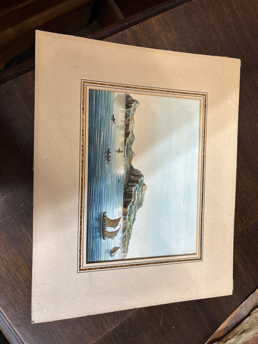 SMALL WATERCOLOR OF SAILBOATS OVER LOOKING VILLAGE ON MOUNTAIN - SIGNED