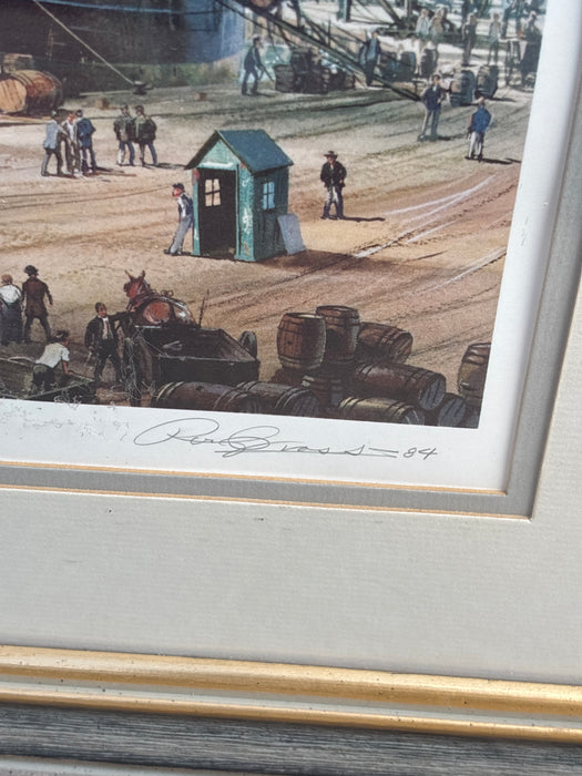 BROWN FRAMED "BERTHING AT SEMI-CIRCULAR QUAY, SYDNEY" SAILBOAT SCENE WITH SHORE FRONT STORE - SIGNED RAY CROSS '84