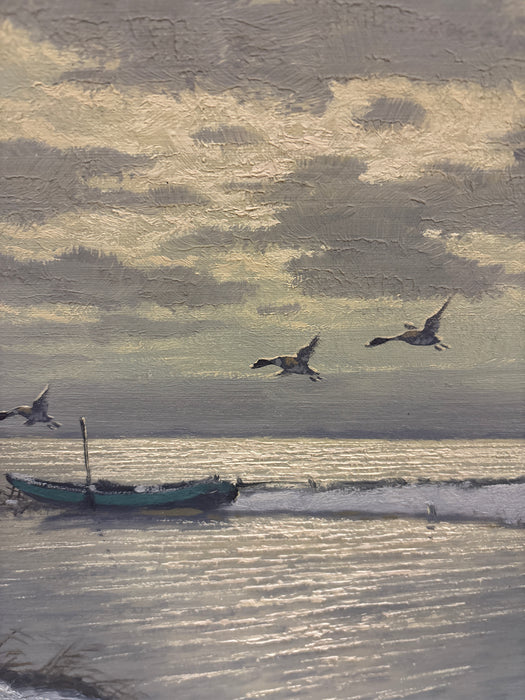 GOLD FRAMED 20TH CENTURY OIL PAINTING OF GEESE ON SANDY LAKE WITH LINEN FILET