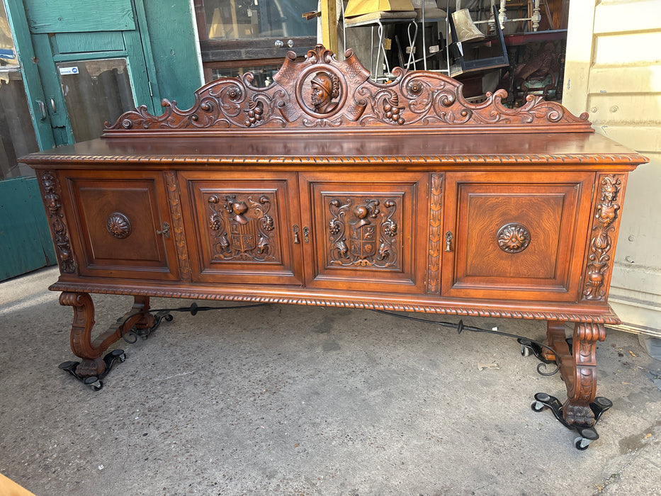 LARGE SPANISH PAW FOOT WALNUT SIDE BOARD WITH KNIGHTS