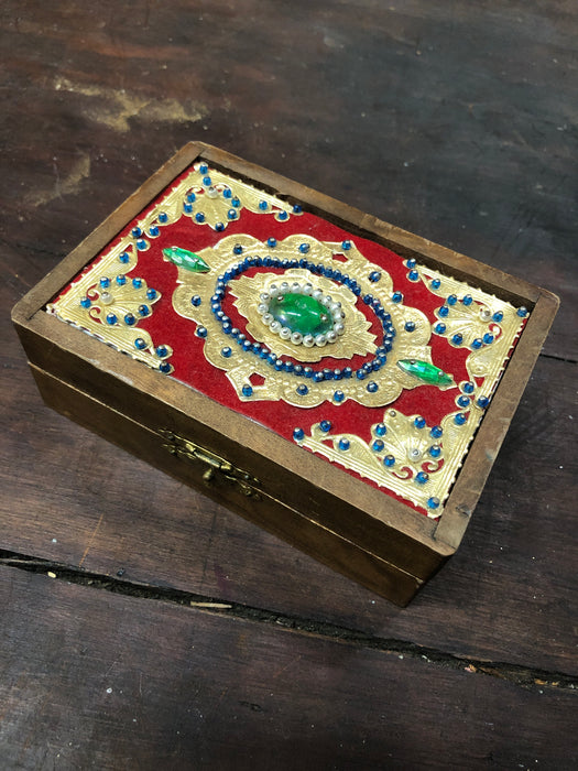 JEWELED WOOD AND BRASS ADORNED BOX