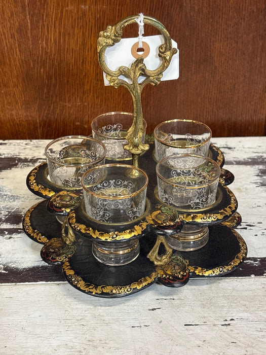 BLACK AND GOLD PAINTED PAPIER MACHE TOTE WITH SHOT GLASSES