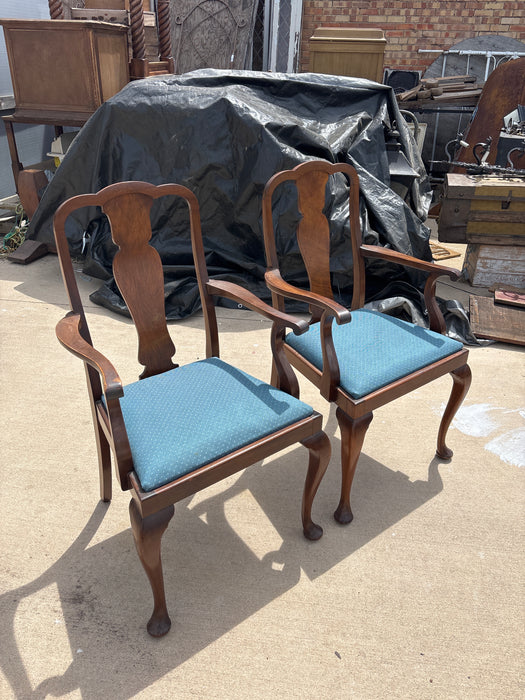PAIR OF BLUE UPHOLSTERED QUEEN ANNE WALNUT ARM CHAIRS