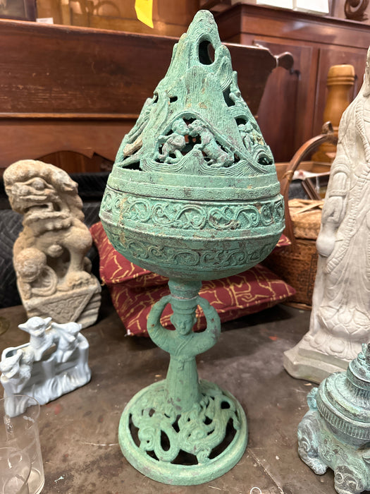 TALL FIGURAL CHINESE CENSOR WITH GREEN PATINA