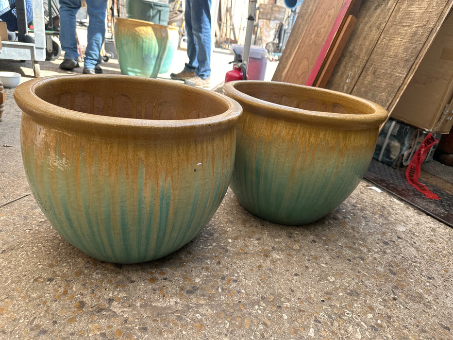 PAIR OF LOW GLAZED TERRA COTTA PLANTERS