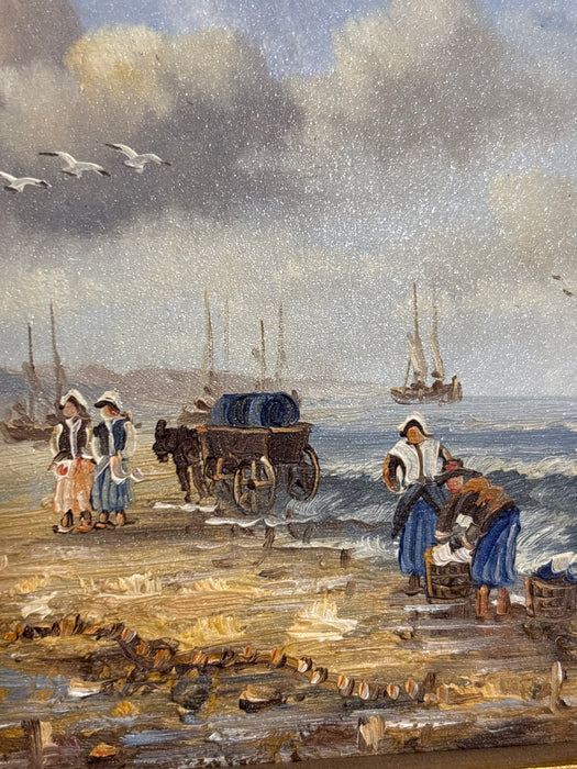 TINY 18TH CENTURY HARBOR SCENE OIL PAINTING