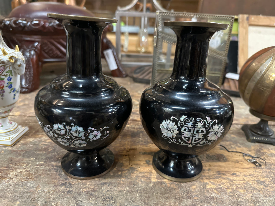 PAIR OF BRASS AND MOTHER OF PEARL ASIAN VASES