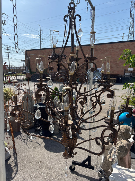 HUGE BLACK AND GOLD CRACKLED BELLAIRE CHANDELIER WITH CLOTH SHADES