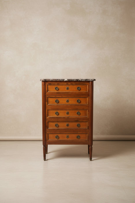 LOUIS XVI 5 DRAWER MARBLE TOP CHEST