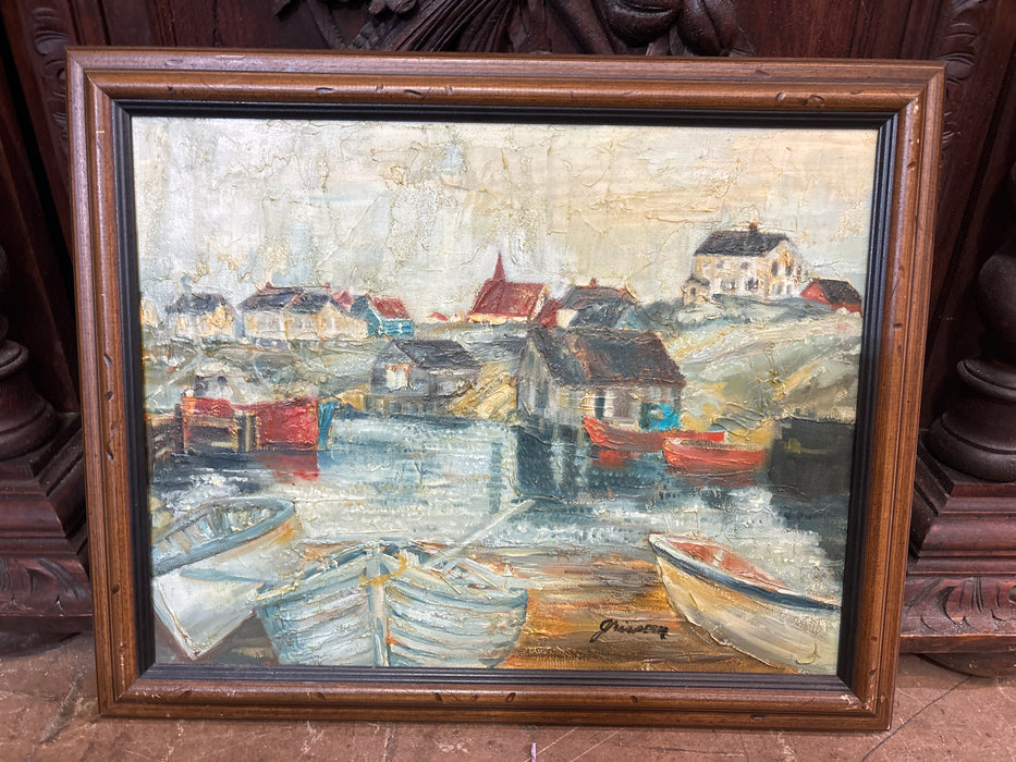 FRAMED IMPRESSIONIST NEW ENGLAND HARBOR OIL PAINTING WITH SMALL BOATS ON CANVAS - SIGNED