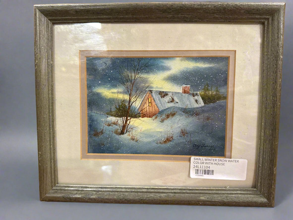 SMALL WINTER SNOW WATER COLOR WITH HOUSE