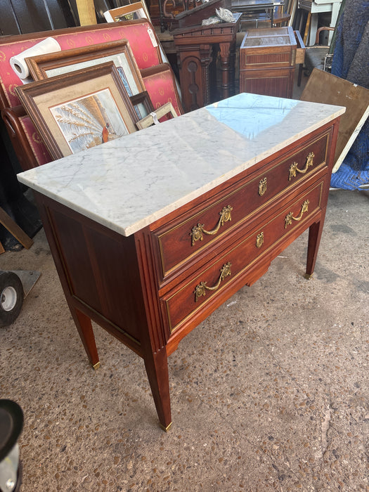 LOUIS XVI WHITE MARBLE TOP 2 DRAWER TAPER LEG CHEST