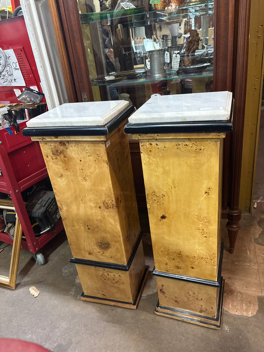 PAIR OF ART DECO MARBLE TOP BURL WOOD PEDESTALS