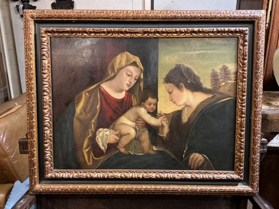 GILT FRAMED RELIGIOUS OIL PAINTING DEPICTING MARY AND JESUS
