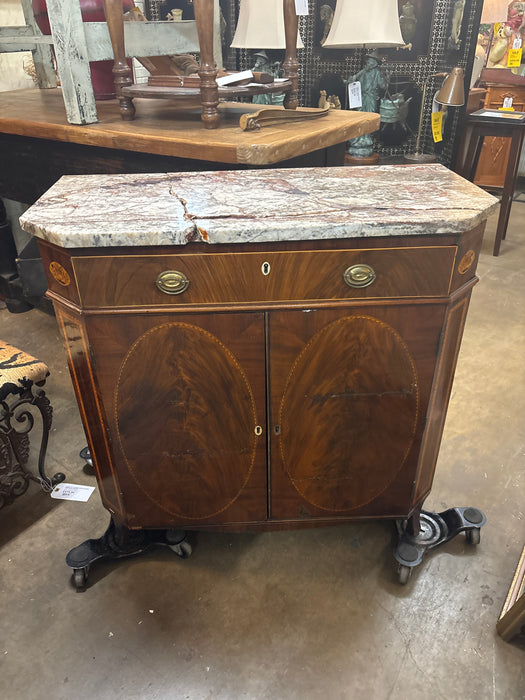 INLAID MAHOGANY MARBLE TOP CABINET WITH CANTED CORNERS AND DRAWERS - AS FOUND MARBLE IN PIECES