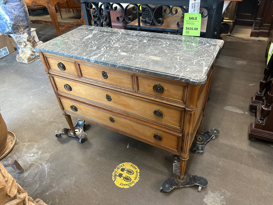 LOUIS XVI GREY MARBLE TOP 3 DRAWER CHEST WITH RING PULLS