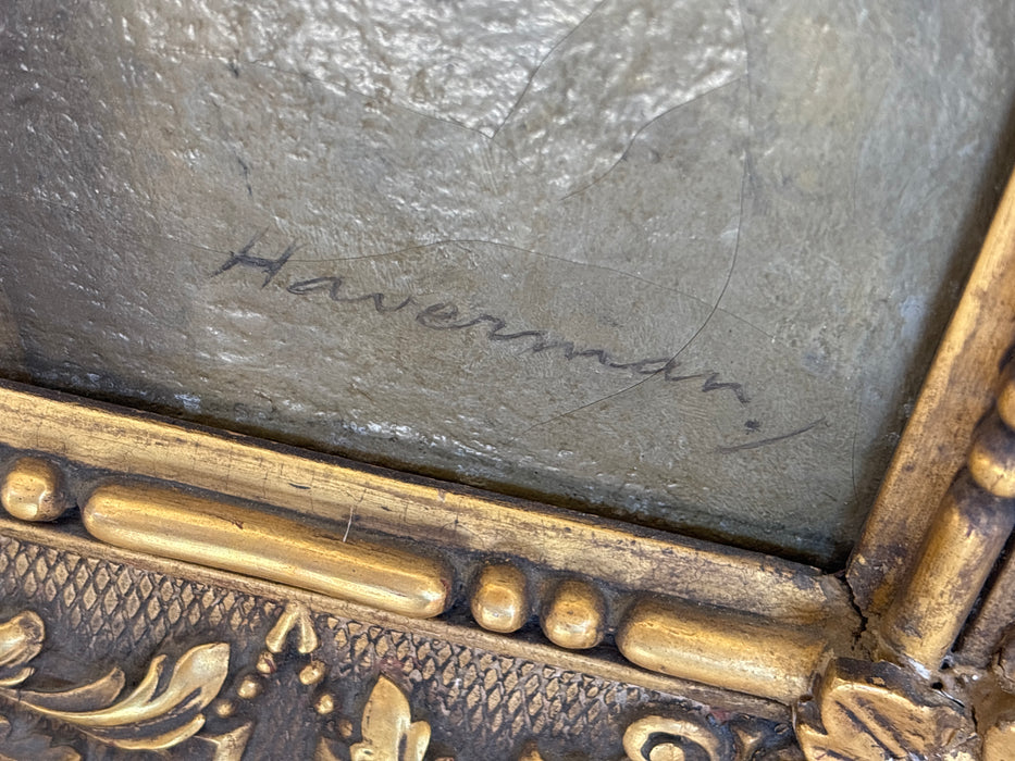 LARGE FOLIATE GILT FRAMED OIL PAINTING OF NURSING MOTHER - SIGNED HAVENMAN - AS FOUND