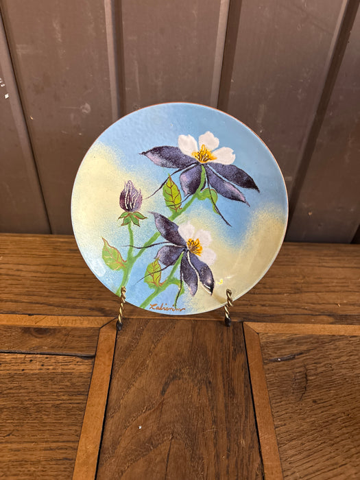 SMALL ENAMELED BLUE AND WHITE LILY PLATE - SIGNED ROBINSON