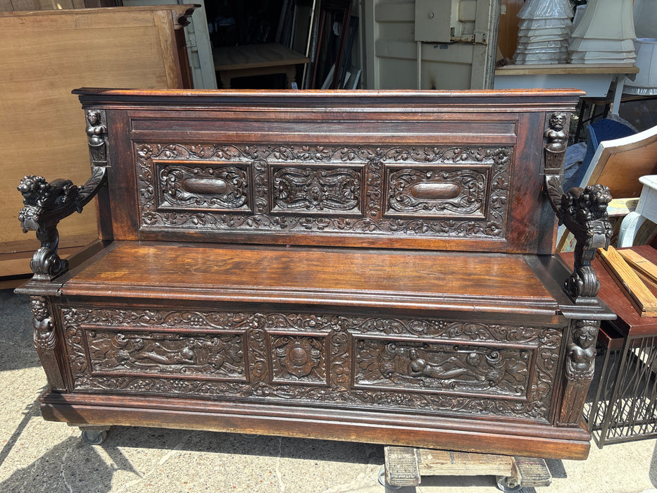 LONG CARVED LION ARM BENCH WITH FLIP TOP