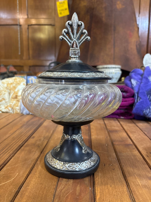 BLACK PLASTIQUE AND GLASS LIDDED COMPOTE