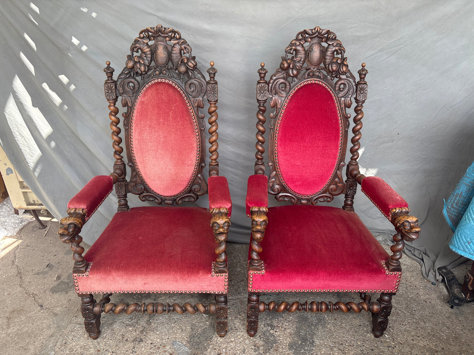 PAIR OF 19TH CENTURY BARLEY TWIST CARVED RED UPHOLSTERED JACOBEAN THRONE CHAIRS